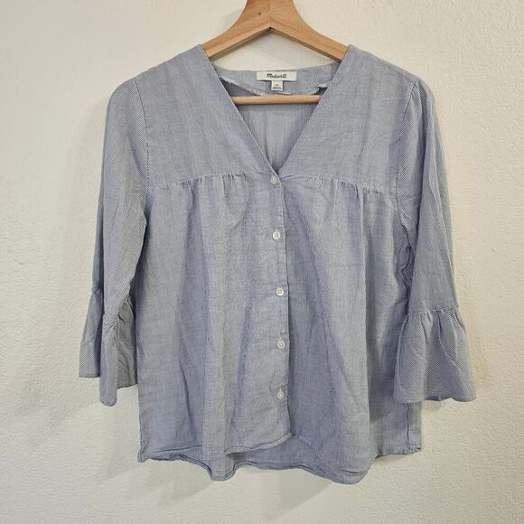 MADEWELL Veranda Bell Sleeve Striped Top Blue White Size XS - Picture 2 of 9